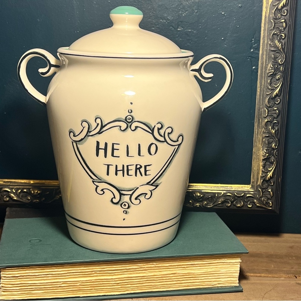 Molly Hatch Anthropologie Hello There Canister Cookie Jar Ginger Jar Teal Cream
